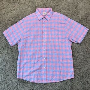 Faherty Mens XL Blue/Peach Coastal Sunset Plaid Short Sleeve Button Down Shirt